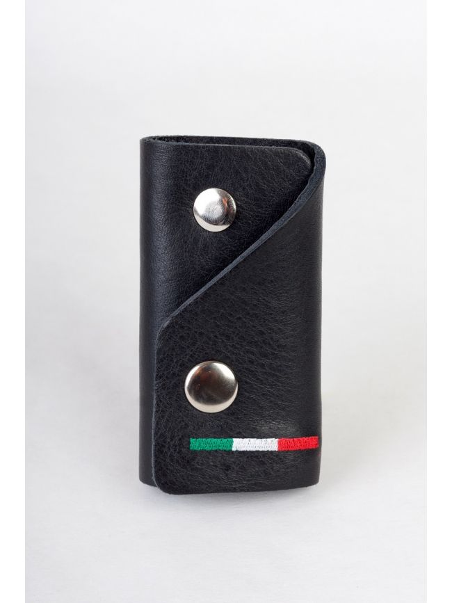 Genuine leather key case with a keychain and a flag embroidered
